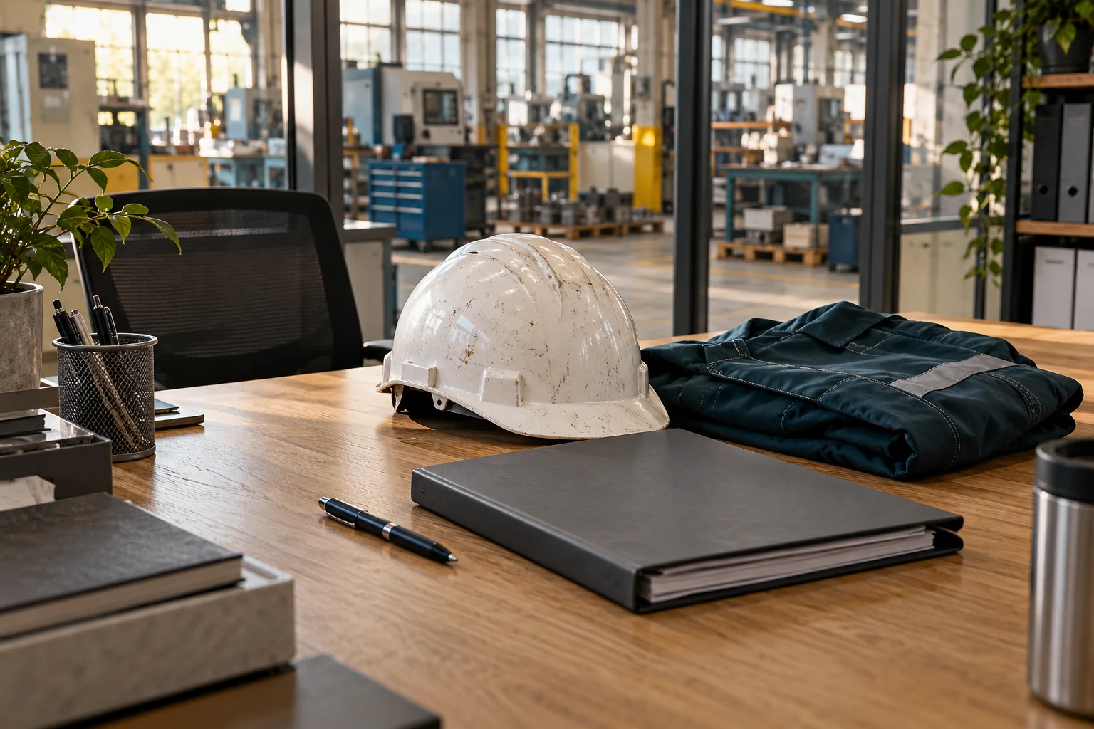 Fabrika içindeki masada baret ve çalışma kıyafeti